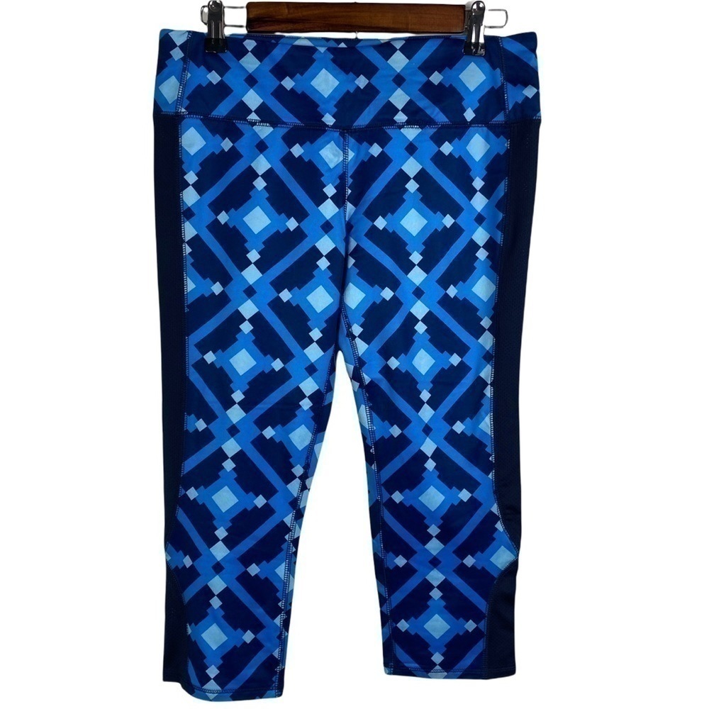 Boxercraft Blue Geometric Diamond Mesh Sides Athletic Capri Leggings Women's M